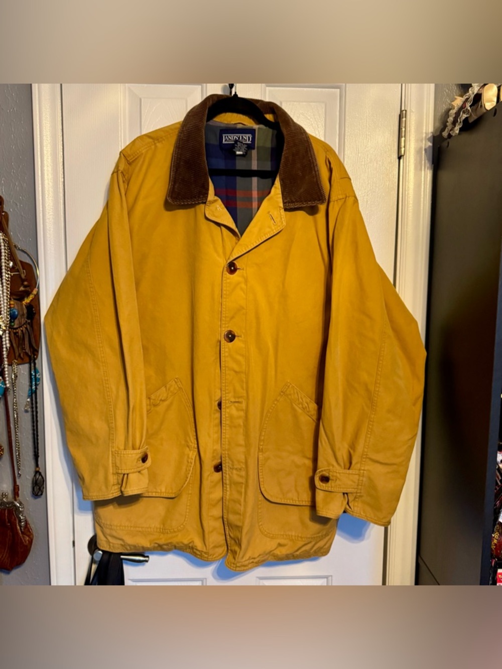 Vintage Lands End Chore Jacket Tan Khaki Fleece Lined Mens Tall XL